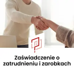 Dwie osoby ściskają sobie dłonie nad laptopem, obok logo.