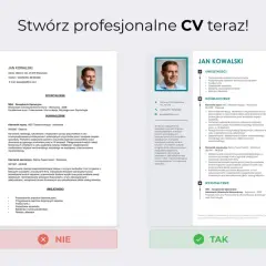 Dwa przykładowe CV z sekcjami: dane osobowe, wykształcenie, doświadczenie, umiejętności.