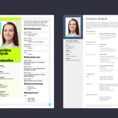 Zdjęcie przedstawia przykładowe CV studentki z jej zdjęciem, danymi kontaktowymi i sekcjami: wykształcenie, doświadczenie, umiejętności.