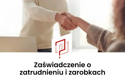 Dwie osoby ściskają sobie dłonie nad laptopem, obok logo.
