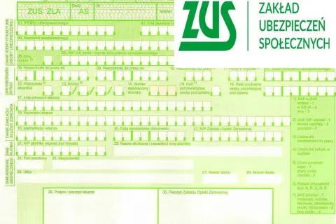 Formularz ZUS ZLA z zielonym logo ZUS.