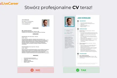 Dwa przykładowe CV z sekcjami: dane osobowe, wykształcenie, doświadczenie, umiejętności.