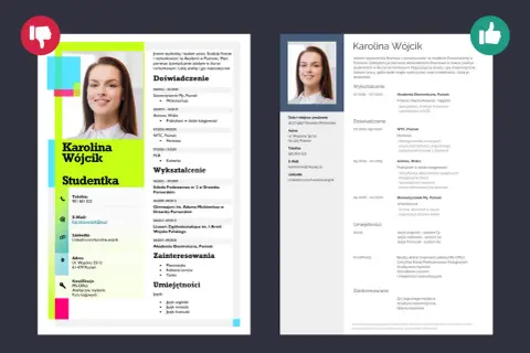 Zdjęcie przedstawia przykładowe CV studentki z jej zdjęciem, danymi kontaktowymi i sekcjami: wykształcenie, doświadczenie, umiejętności.