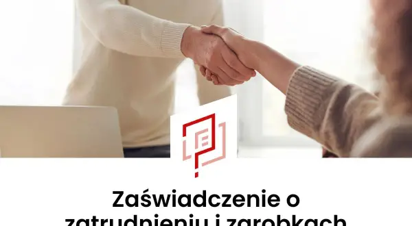 Dwie osoby ściskają sobie dłonie nad laptopem, obok logo.