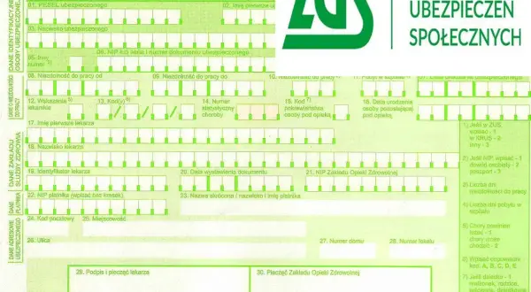 Formularz ZUS ZLA z zielonym logo ZUS.