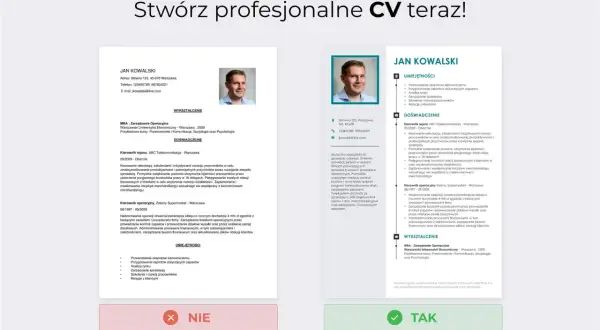 Dwa przykładowe CV z sekcjami: dane osobowe, wykształcenie, doświadczenie, umiejętności.