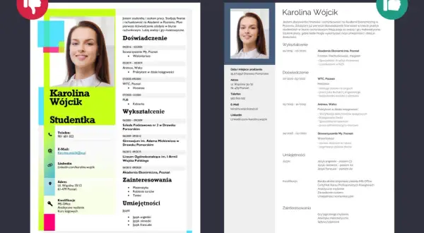Zdjęcie przedstawia przykładowe CV studentki z jej zdjęciem, danymi kontaktowymi i sekcjami: wykształcenie, doświadczenie, umiejętności.