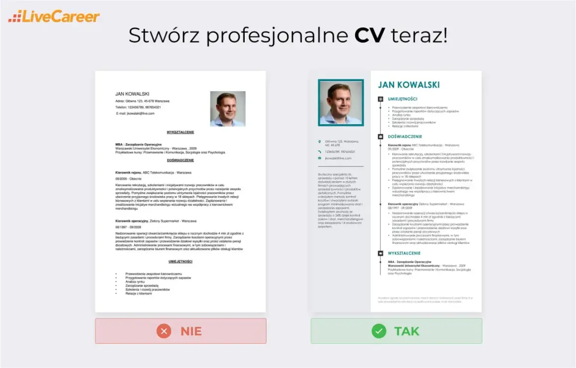 Dwa przykładowe CV z sekcjami: dane osobowe, wykształcenie, doświadczenie, umiejętności.