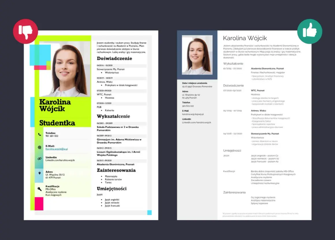 Zdjęcie przedstawia przykładowe CV studentki z jej zdjęciem, danymi kontaktowymi i sekcjami: wykształcenie, doświadczenie, umiejętności.