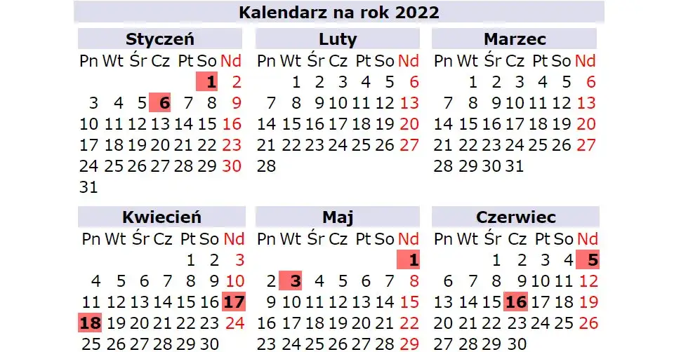 kalendarz z zaznaczonymi dniami wolnymi