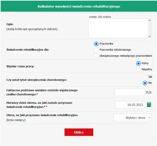 kalkulator świadczenie rehabilitacyjne