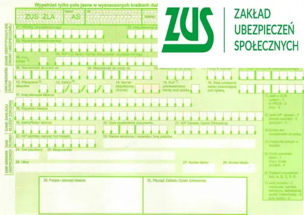 Formularz ZUS ZLA z zielonym logo ZUS.