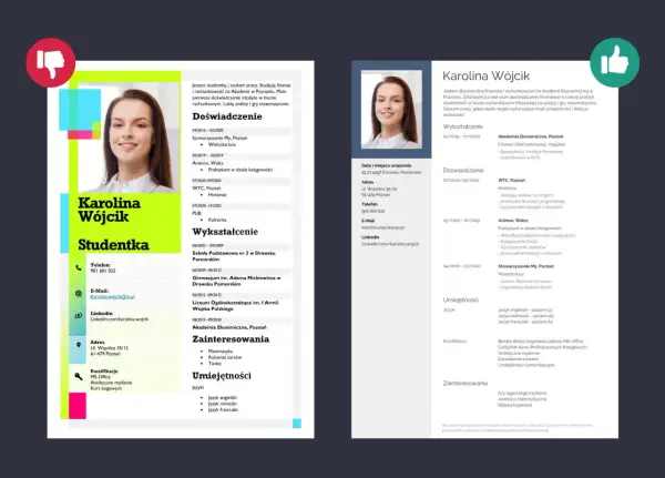Zdjęcie przedstawia przykładowe CV studentki z jej zdjęciem, danymi kontaktowymi i sekcjami: wykształcenie, doświadczenie, umiejętności.